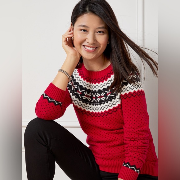 TALBOTS HOLIDAY YOKE FAIR ISLE CREWNECK SWEATER | Size Petite Small - Picture 1 of 9
